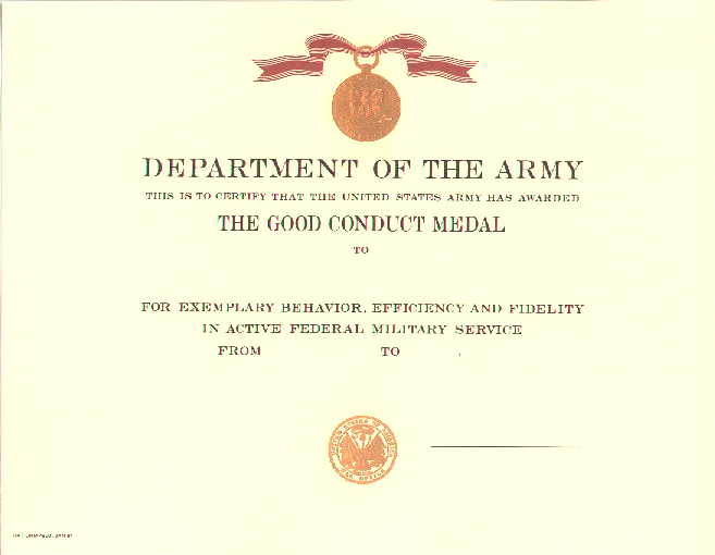 Blank Good Conduct Medal certificate